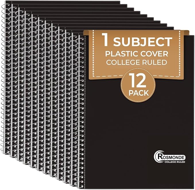 1 Subject Spiral Notebook, 12 Pack, College Ruled, Water Resistant Cover, Thick 140 Pages/Book (70 Sheets), 8 x 10-1/2, 3 Hole, Bulk School & Office, Black Cover