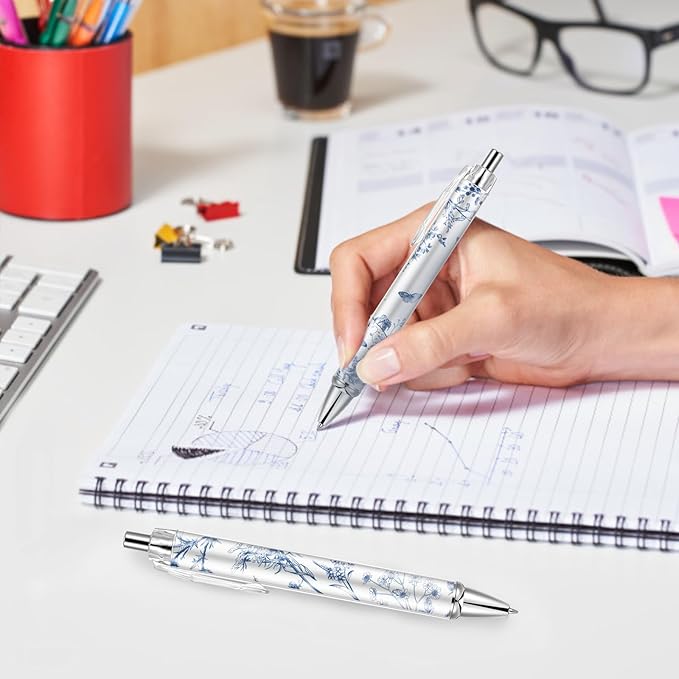 10PCS Blue and White Porcelain Pen 0.5mm Black Ink Fancy Pens Smooth Writing Retractable Ballpoint Pens for Journaling Aesthetic Office Supplies (BlueandWhitePorcelain, 10)