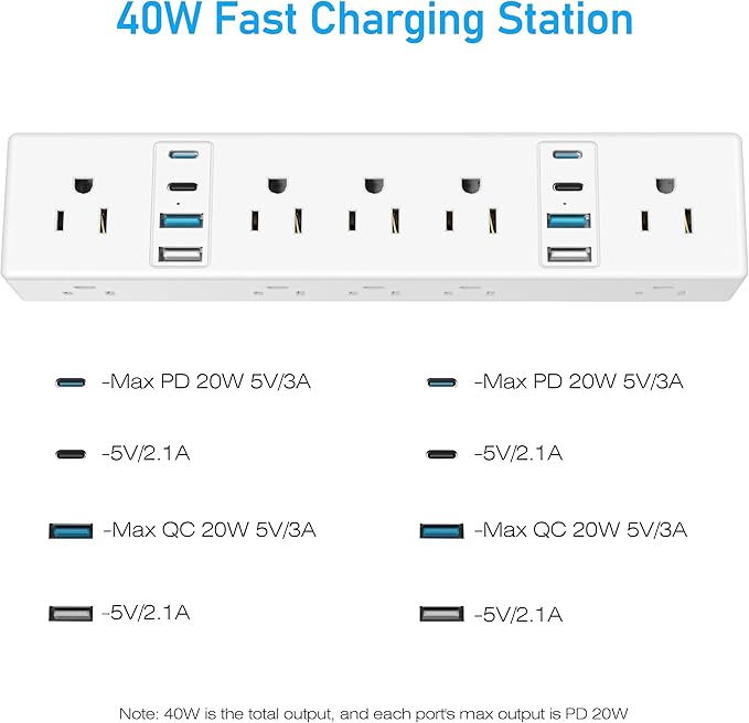 40W Fast Charging Station, VILONG Desk Clamp Power Strip, Desktop Mount Surge Protector, 8 USB Ports(4 USB-C), 10 AC Outlets and 10Ft Cord, for Home, Office, Fit 1.6" Tabletop Edge