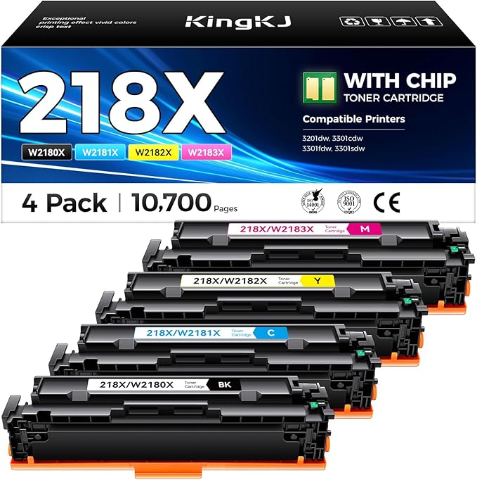 218X Toner Cartridges Set with chip 4-Pack 3301fdw Replacement for HP 218X W2180X W2181X W2182X W2183X 218A W2180A Black Compatible with HP Color Laserjet Pro MFP 3301cdw 3301sdw 3201dw Printers Ink