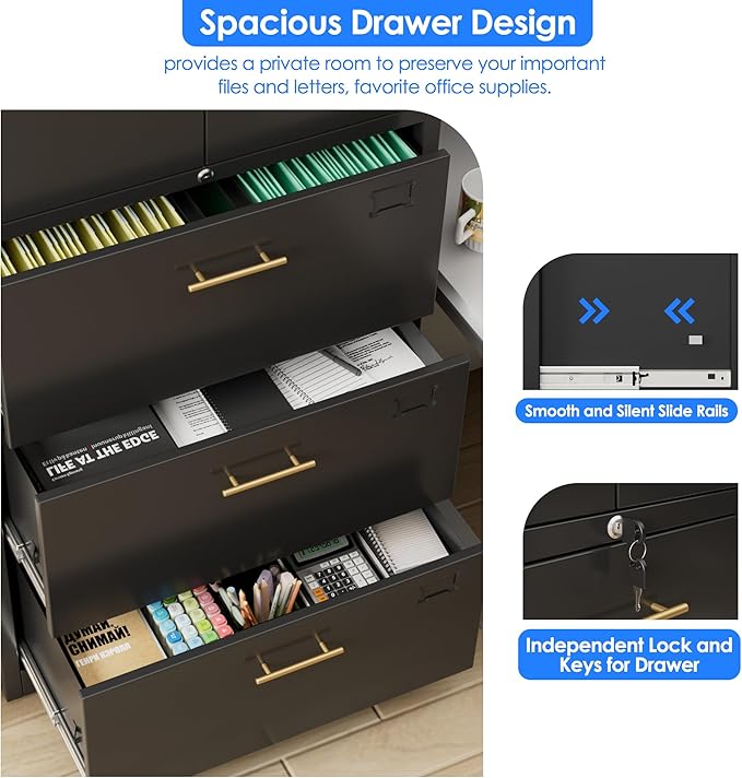 3 Drawer Lateral File Cabinet with Lock, Metal Filing Storage Cabinet with Locking Doors and Adjustable Shelf for Home, Office, School, Fits A4/Letter/Legal Size Folders, Assembly Required