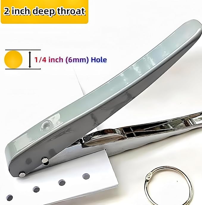 1 Pack 1/4 inch (6mm) Single Hole Punch Heavy Duty Round Hole Paper Puncher 2 Inch Reach Deep Throat Hand Held Long Hole Punch for Paper ID Cards PVC Tags Plastic Cardboard, Grey