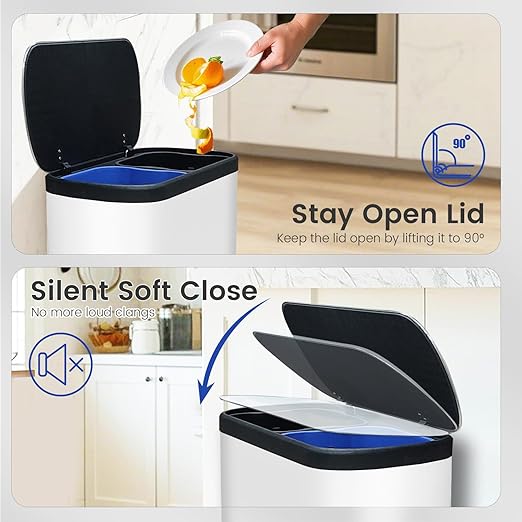 16 Gallon Dual Trash Can, Kitchen Recycling Bins with 2 x 8 Gallon Compartments, 2 Plastic Removable Liners, Soft-Close Lid, Stainless Steel Step Trash Can, White