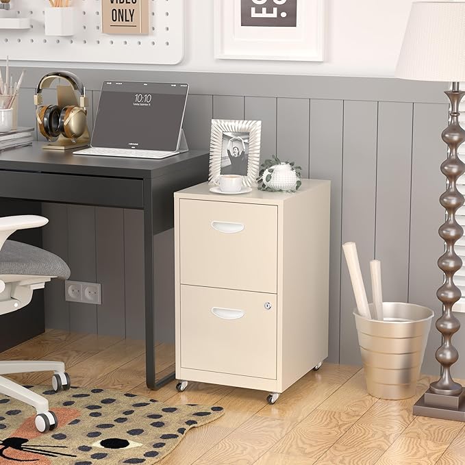 2 Drawer File Cabinet with Lock，Cream Rolling File Cabinet for Home Office, Metal Small Mobile Filing Cabinets on Wheels for Hanging Letter