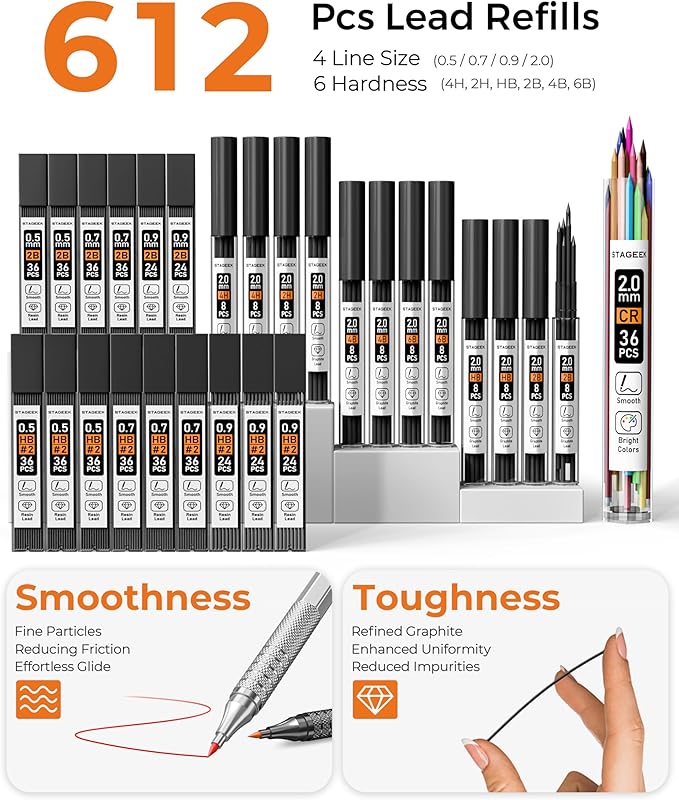 45PCS Black & Silver Metal Mechanical Pencil Set in Leather Case, 0.5, 0.7, 0.9, 2.0mm Drafting Pencils with 28 Tubes(6B 4B 2B HB 2H 4H & Colors)Lead Refills for Art Drawing, Sketching,Writing