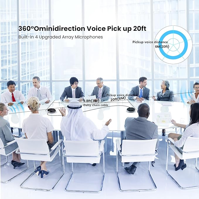 2-in-1 Conference Speaker and Microphone, Daisy Chain Wireless Bluetooth Speakerphone with 360° omnidirectional mics USB/Dongle/Bluetooth Connection 18H Talk Time for 15-30 People Meeting
