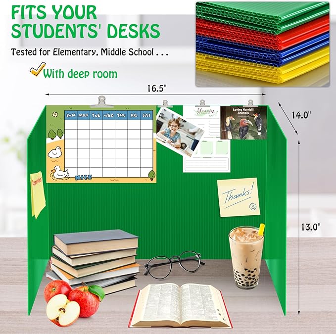 24 Pack Colorful Privacy Floders for Student Desks - Durable Plastic Erasable - Testing Dividers for Classroom - Easy Clean Privacy Shields for Student Testing Desk dividers- Includes Extra Labels