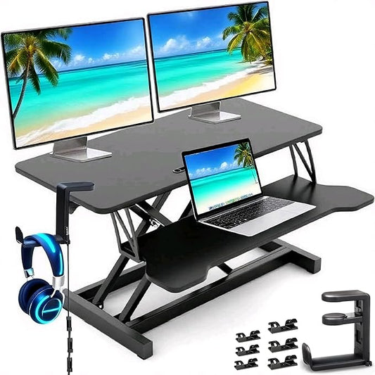 37-inch Standing Desk Converter,Height Adjustable Sit to Stand Up Workstation Riser, Dual Monitor and Laptop Riser with Wide Keyboard Tray, Headphone Stand,Cable Clips,for Home Office, Black