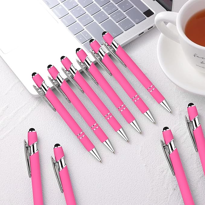 12 PCS 2 in 1 Stylus Ballpoint Pen with Stylus Tip, 1.0 mm Black Ink Metal Pen Stylus Pen for Touch Screens (Silver & Pink)