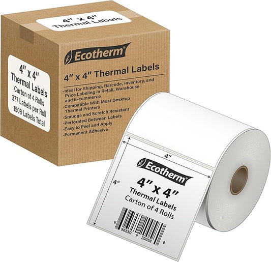 4" x 4" Thermal Labels | 4 Rolls | 1508 Labels | fits Zebra, Munbyn, Rollo, Godex, Arkscan, iDPRT, Offnova Thermal Label Printers and More | Blank White Adhesive Stickers by Ecotherm