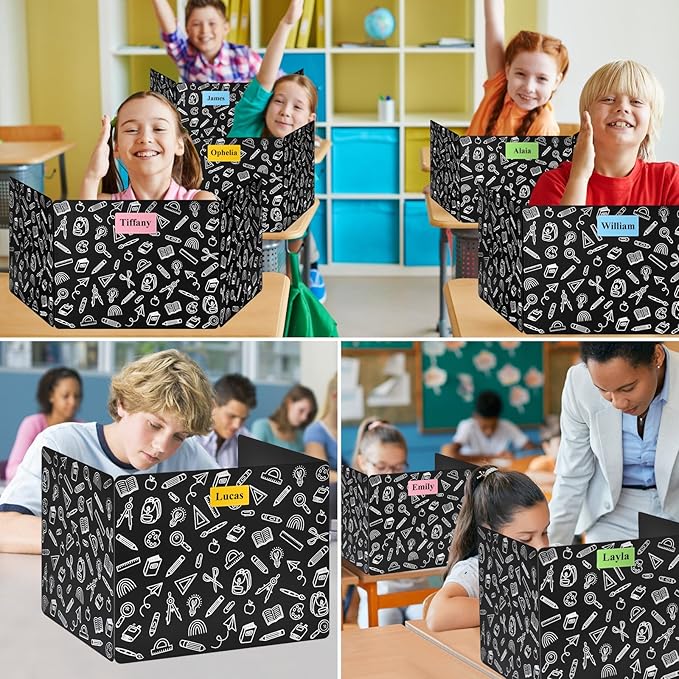 24 Pack Black Printing Privacy Floders for Student Desks - Durable Plastic Erasable - Testing Dividers for Classroom - Easy Clean Privacy Shields for Student - Includes Extra Labels