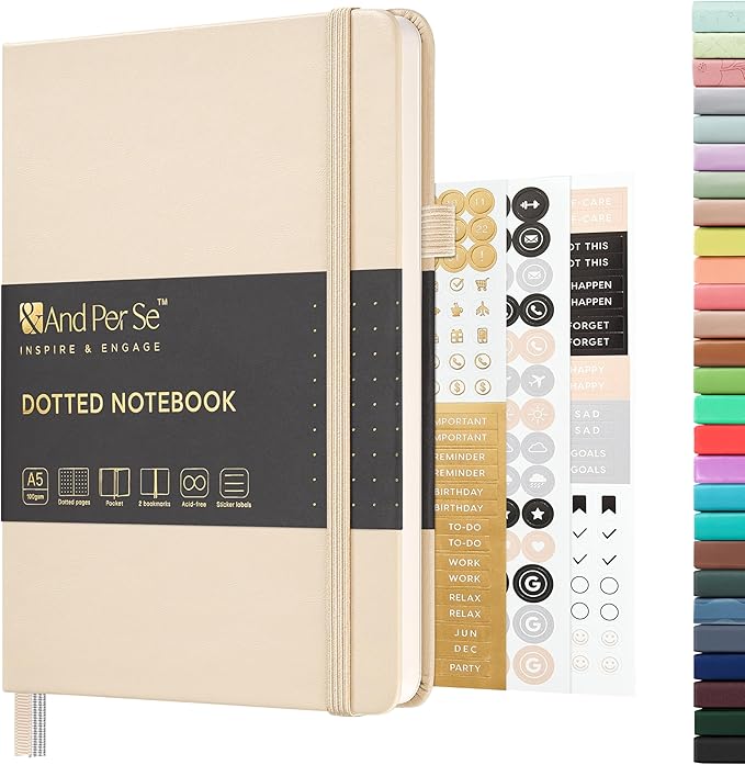 &And Per Se Dotted Journal Notebook, A5 Hardcover Leather Bullet Dotted Journal, 160 Pages 100 gsm Thick Dotted Paper，3 Stickers Included for Women Men, Work Office or School - 5.7'' x 8.3'' (Light