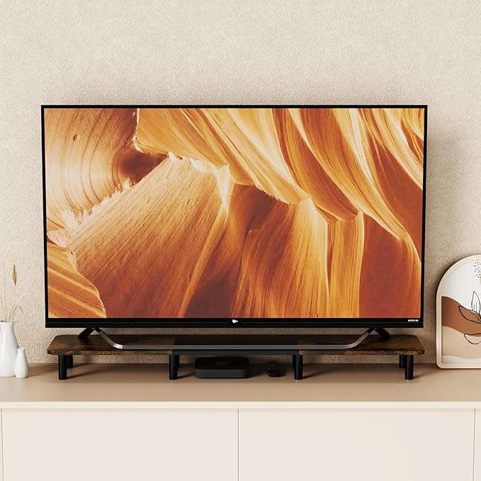 43.7" Extra Long Dual Monitor Stand Riser, Wood & Steel Monitor Stand for 2 Monitors, Wide TV Stand, Desktop Riser for Desk Organization, Home Office、Laptop,Printer,TV (Vintage black)