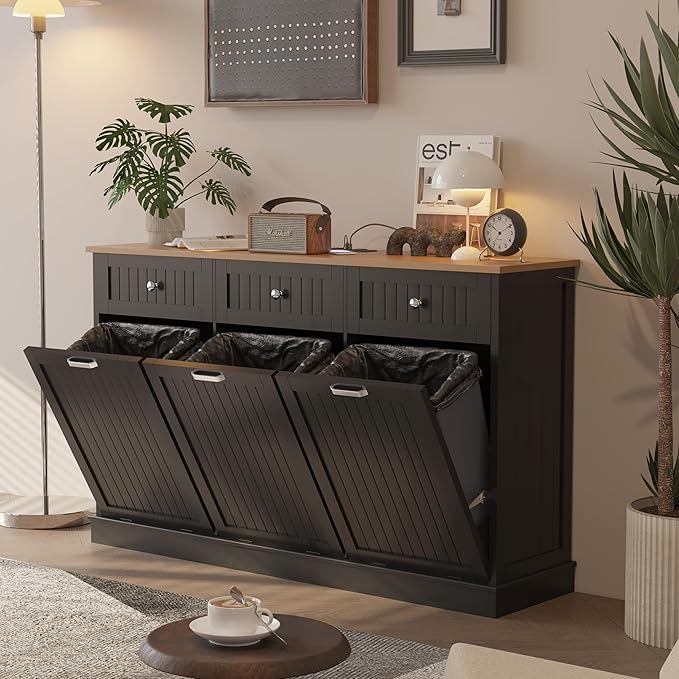 30 Gallon Tilt Out Trash Cabinet, Wooden Kitchen Trash Can Cabinet with Hideaway Drawer, Freestanding Laundry Hamper Garbage Recycling Cabinet on Wheels, Pet Proof, Triple, Black