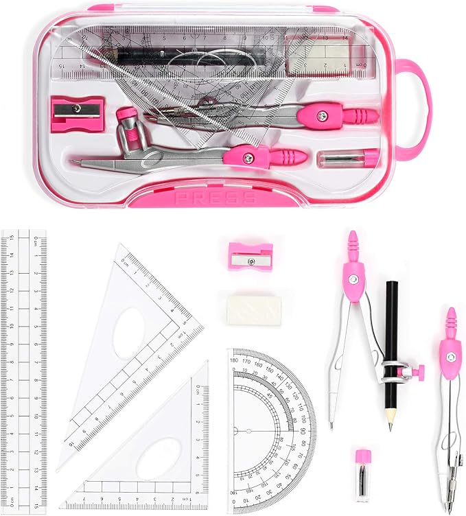 10 Pieces Math Geometry Kit Set Student Supplies with Shatterproof Storage Box,Includes Rulers,Protractor,Compass,Eraser,Pencil Sharpener,Lead Refills,Pencil,for School and Drawings（Pink）