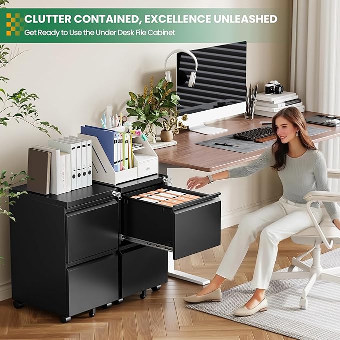 2 Drawer Locking Under Desk Metal Storage Cabinet on Wheels for Legal/Letter/A4 Files (Fully Assembled, Black)