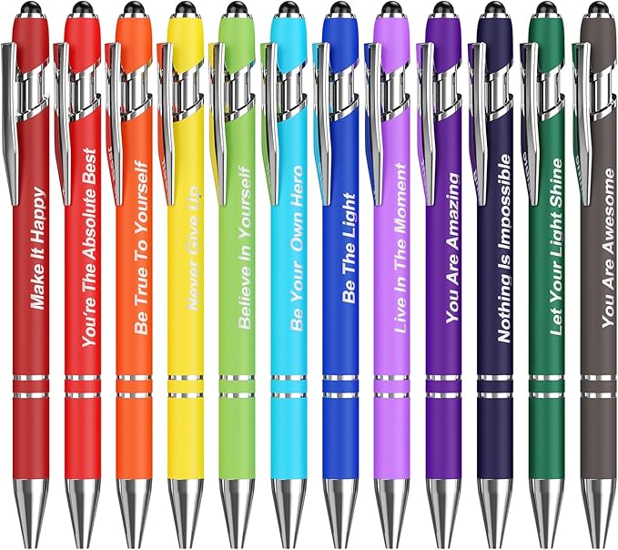 12 Pcs Inspirational Pens Bulk, Motivational Pens Ballpoint with Stylus Tips, 0.5mm Smooth Writing Pens Fine Point of Black Ink, 12 Colors with Gift Box for Home, School, Office