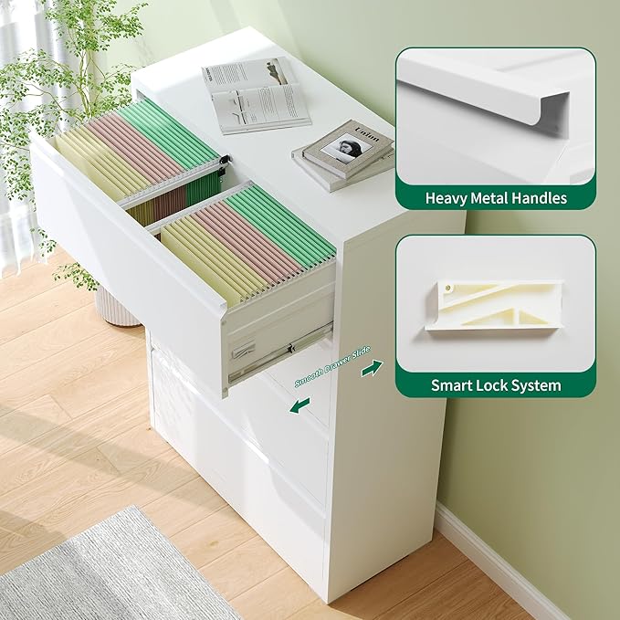 4 Drawer Lateral File Cabinet, Metal Filing Cabinets for Home Office, Steel Storage Wide File Cabinet for Letter/Legal/F4/A4 Size with Hanging Bars, Assembly Required (White)