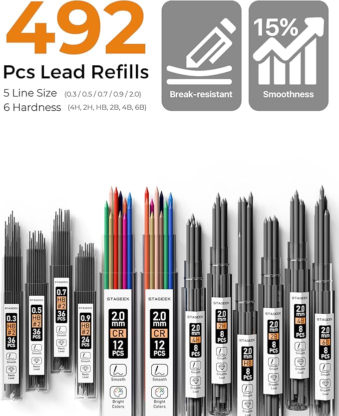 37PCS Art Mechanical Pencil Set, Drafting Pencil 5 Sizes- 0.3, 0.5, 0.7, 0.9MM & 2PCS 2.0MM Mechanical Drawing Pencils with 492PCS Leads (6B 4B 2B HB 2H 4H Color) for Artist Sketching Drawing