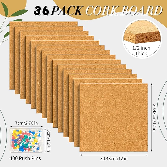 Cork Board Tiles 12 x 12 in 0.5 in Thick Square Bulletin Boards Cork Tiles Bulk with Push Pins Mini Natural Self Adhesive Backing Corkboards for Wall Home Office Floor DIY(36 Pcs)
