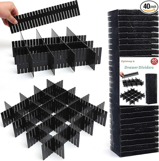 40Pcs Drawer Dividers, Adjustable Drawer Organizer for Socks, Underwear, Makeup, Can Help Tidy Kitchen, Bedroom, Dresser Black