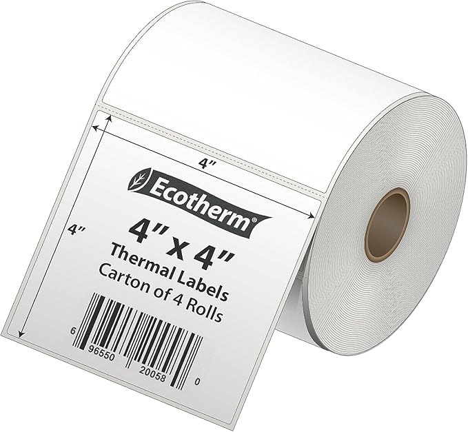 4" x 4" Thermal Labels | 4 Rolls | 1508 Labels | fits Zebra, Munbyn, Rollo, Godex, Arkscan, iDPRT, Offnova Thermal Label Printers and More | Blank White Adhesive Stickers by Ecotherm