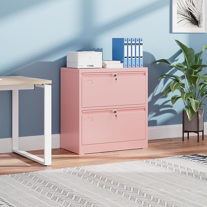 2 Drawer Lateral File Cabinet, Metal Wide Filing Cabinet with Independent Locks, Home Office Furniture for Hanging Files Letter/Legal/F4/A4 Size, Assembly Required, Pink