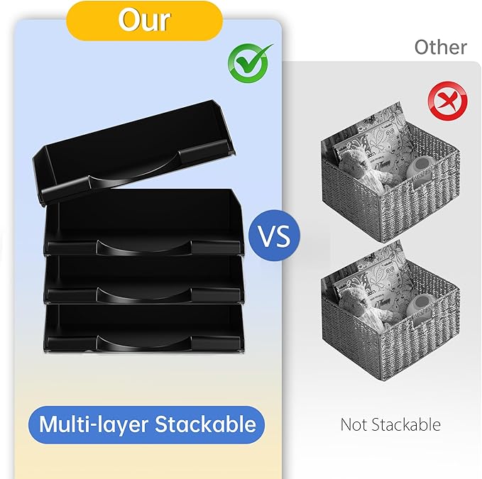 4 Pack Stackable Paper Trays for Letter Documents, Desktop File Organizers for Office Supplies, Stackable Desk Tray Holder for Paper Storage, Black