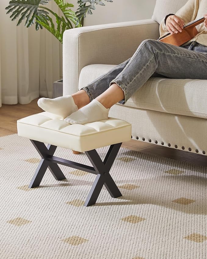 IBUYKE Small 12" H Footrest Stool, Square PU Foot Stool with Metal X-Leg, Multi-Use as Small Side Table, Step Stool for Living Room, Bedroom, Entryway, Office, White WBD012W