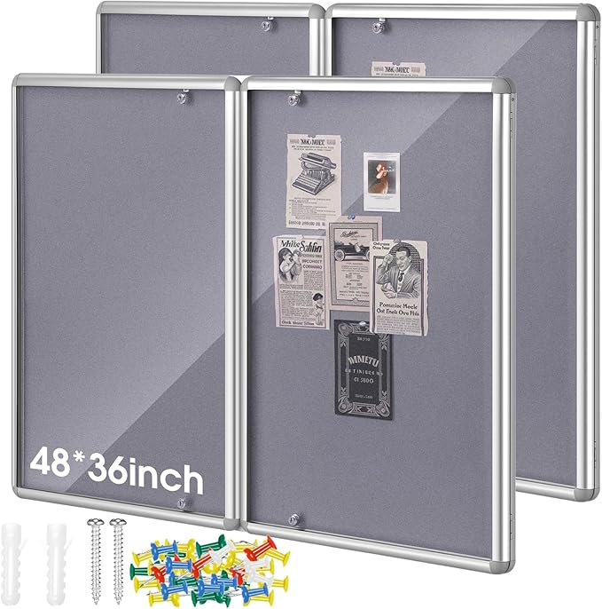 2 Pack Enclosed Bulletin Board 48"x36" Weather Resistant Lockable Enclosed Notice Cork Case Display Board Wall Mounted 2 Locking Door Aluminum Frame for Back to School Classroom, 12xA4(Gray)