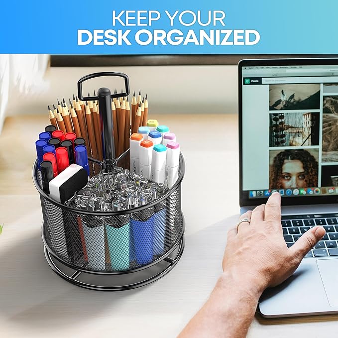 360-Degree Rotating Pen Holder for Desk, Mesh Pencil Organizer Multi-Functional Pen Holder, 4 Compartments Desktop Stationary Organizer, Home Office Black