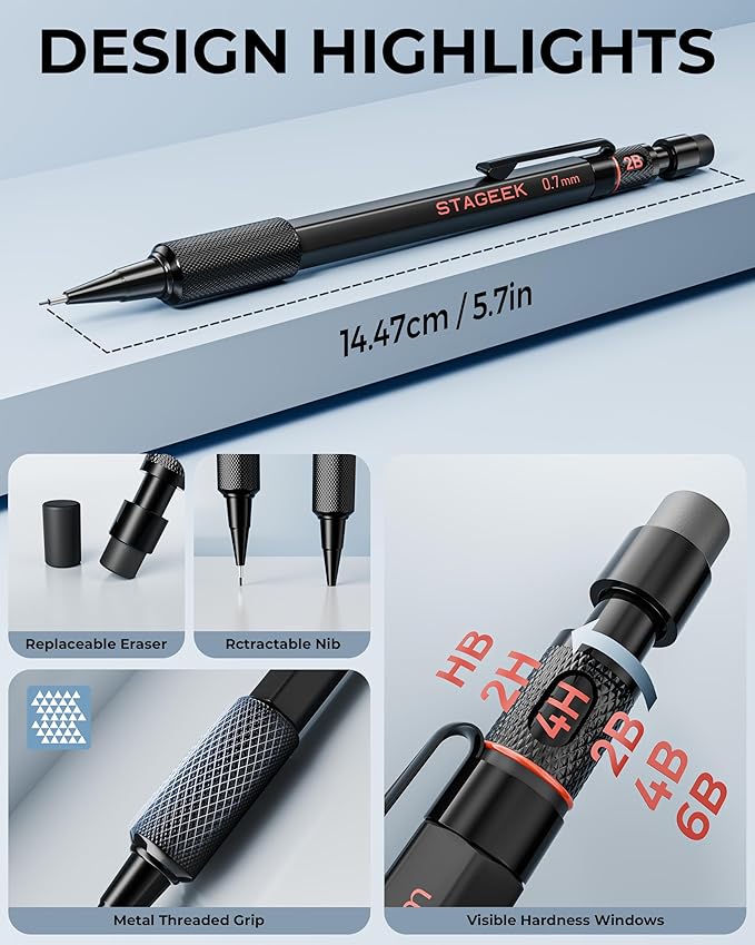 0.7mm Mechanical Pencil Set, 3PCS Metal Mechanical Pencils 0.7mm with 6 Tubes HB & 2B Lead Refills,Erasers, Weatherproof Artist Pencils with Case for Outdoor Writing Drafting Drawing