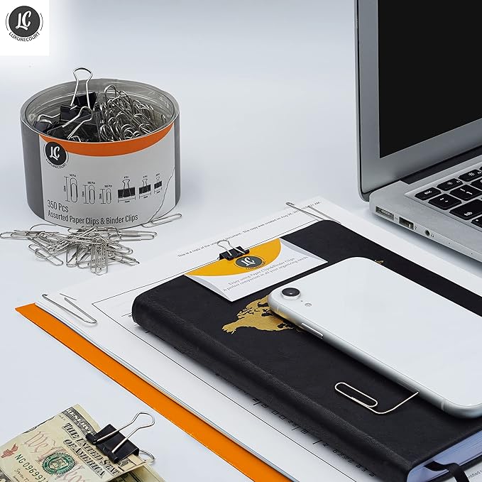 350 Pack Paper Clips and Binder Clips Set by Luxurecourt - Binders & Paperclips Assorted Sizes in Container with Compartments, Silver Paper Clips & Black Binder clips for Home, School, Office Supplies