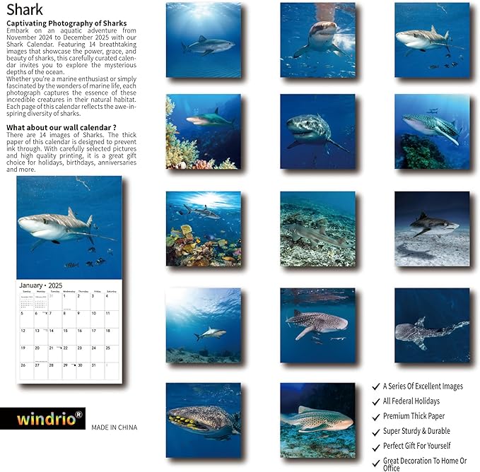 2025 Wall Calendar,Calendar 2025, January 2025 - December 2025, Wall Calendar Shark, 12" x 24" Opened,Full Page Months Thick & Sturdy Paper for Gift Perfect Calendar Organizing & Planning