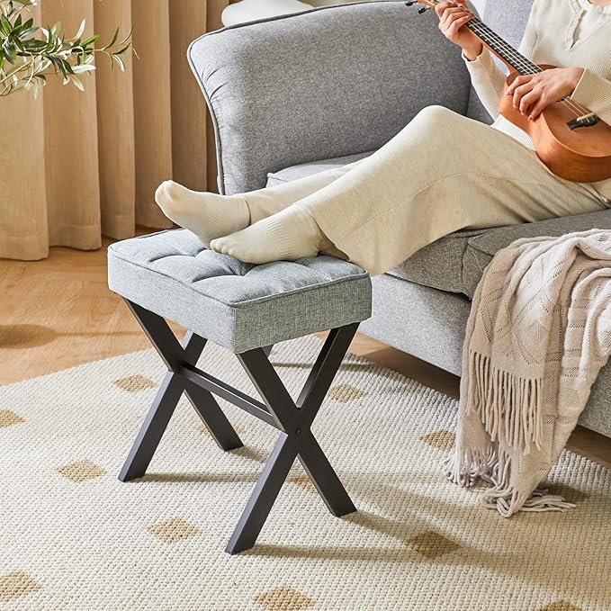 IBUYKE Square Makeup Stool with X-Leg Foot Rest, Linen Footrest, Ottoman Seat, Multi-Use as Small Side Table, for Bedroom, Living Room, Blue Gray LG-70L