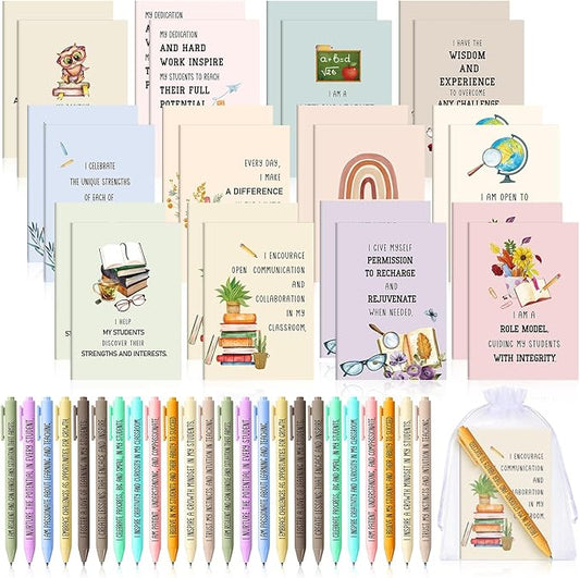 24 Set/48 Pcs Positive Affirmation Gift Set Gratitude Notebooks with Pens Small Bags Motivational Encouragement Notepads Daily Affirmations Journal for Women Stress Relief Self Care (Teacher)