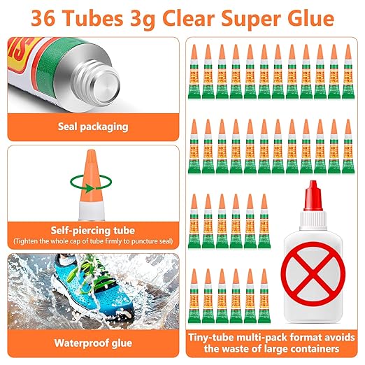 36 x 3g Super Strong Glue for All Purpose, Clear Cyanoacrylate Adhesive Instant Quick Dry Superglue Gel Tubes Bonding Plastic, Metal, Glass, Leather, Wood, Rubber, Jewelry, DIY Crafts Repair