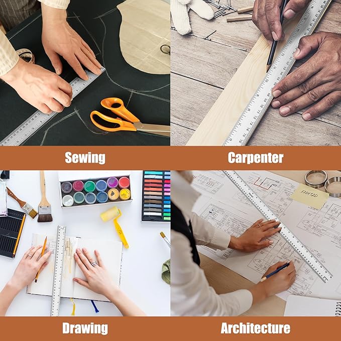 2PCS 24 Inch Metal Ruler, Stainless Steel Straight Edge Ruler with Cork Backing, Non-Slip Imperial & Metric Measuring Tool for School, Office, Woodworking, Drafting