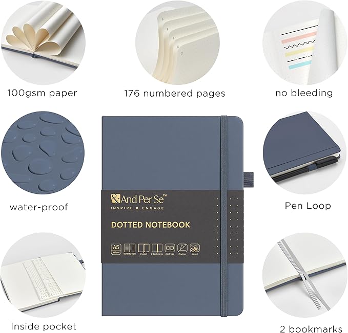 &And Per Se Bullet Dotted Journal Notebook, A5 Leather Hardcover, 176 Numbered Pages 100GSM Thick Dotted Paper, 2 Sheets of Stencils Included - 5.7'' x 8'' (Dark Blue)