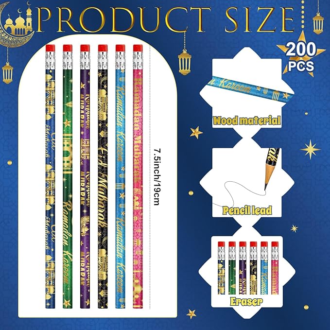 200 PCS Ramadan Pencils Eid Mubarak Wood Pencils with Eraser Ramadan Mubarak Party Favors Gifts Stationery Pencil Bulk for School Classroom Office Giveaways Prizes Islamic Party Favors Supplies