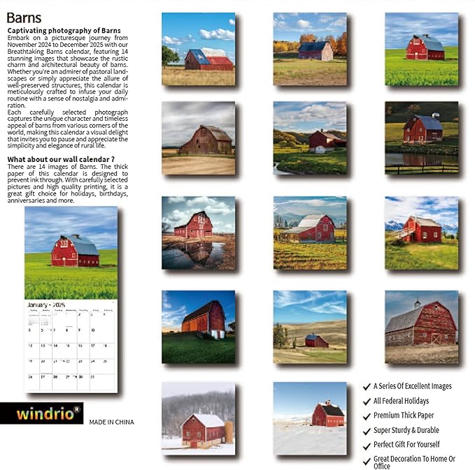 2025 Wall Calendar,Calendar 2025, January 2025 - December 2025, Wall Calendar Barns, 12" x 24" Opened,Full Page Months Thick & Sturdy Paper for Calendar Organizing & Planning