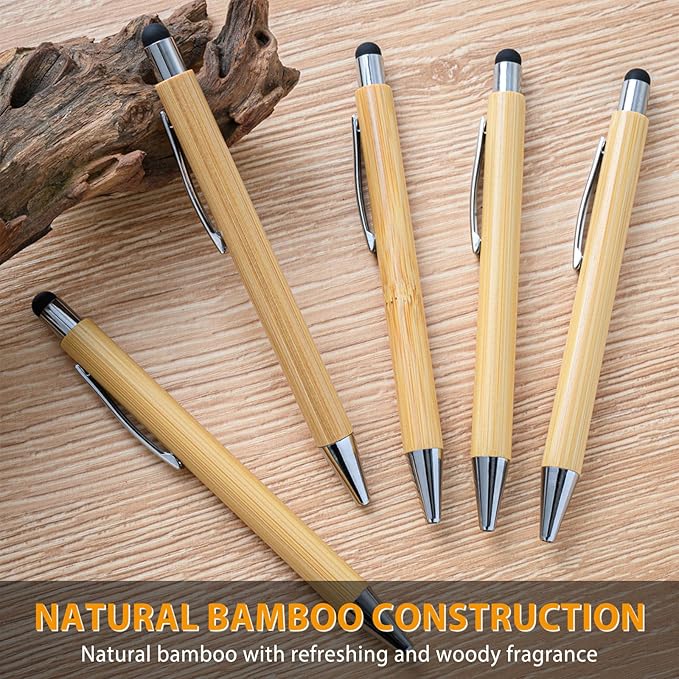 250 Pack Bamboo Pens Bulk with Touch Stylus Tip Wooden Bamboo Pens Engraving Wooden Ballpoint Pen Customizable Gift Pen Bulk