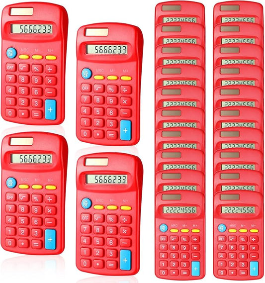 24 Pieces Basic Calculators for Students Small Pocket Size 8 Digit Display Mini Calculators Dual Powered Handheld for School Desktop Home(Red)