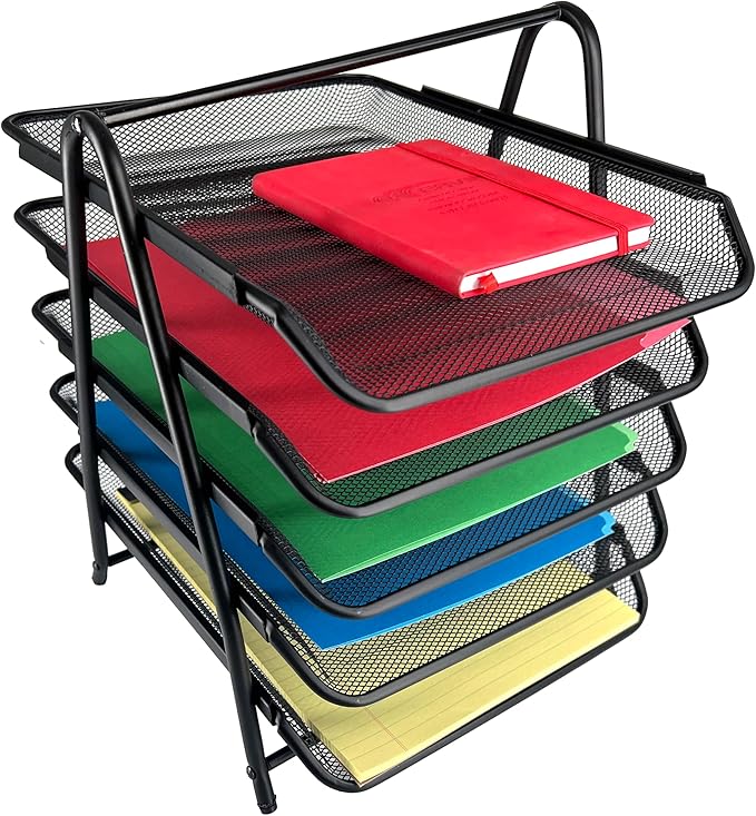 Huron Desktop Horizontal File Binder Organizer Storage Letter Tray, 5 Slot, Black Steel Mesh