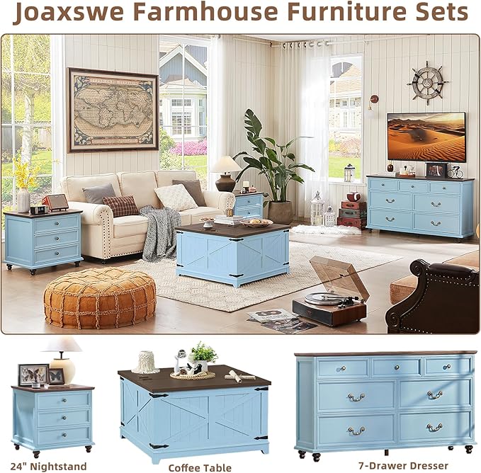 24" Wide Farmhouse Night Stand,Large End Table with 3 Drawers & Metal Handle,Light Blue Wood Dresser for Bedroom Cabinet, Bed Side Tabl·e Chest of Drawers,Nightstand for Living Room,Close