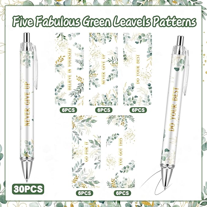 30PCS Inspirational Ballpoint Pen Green Eucalyptus Leaves Ballpoint Pen Employee Appreciation Gift Bulk Motivational Pens Black Ink Pens Set for School Teacher Office Employee Party Favors