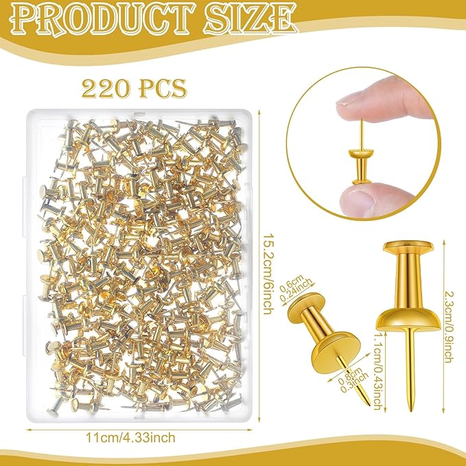220 Count Gold Push Pins, Standard Plastic Head Steel Point Gold Thumb Tacks Decorative Push Pins for Cork Board Wall Hanging