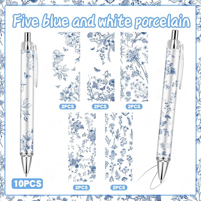 10PCS Blue and White Porcelain Pen 0.5mm Black Ink Fancy Pens Smooth Writing Retractable Ballpoint Pens for Journaling Aesthetic Office Supplies (BlueandWhitePorcelain, 10)