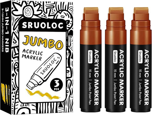 3 Jumbo Permanent Markers Coffee Colors, 15mm Thick Wide Tip, Large Acrylic Paint Markers for Rock Painting, Poster, Graffiti, Stone, Ceramic, Glass, Wood, Canvas