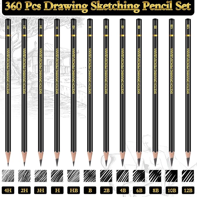 360 Pcs Drawing Sketching Pencil Set Professional (12b - 4h) Graphite Charcoal Gift Bulk for Artists Beginners, Pro Artists, Drawing Art, Sketching